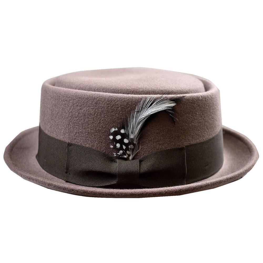2007 Crushable Wool Felt Porkpie Hat with Feather HE09 Khaki-S/M